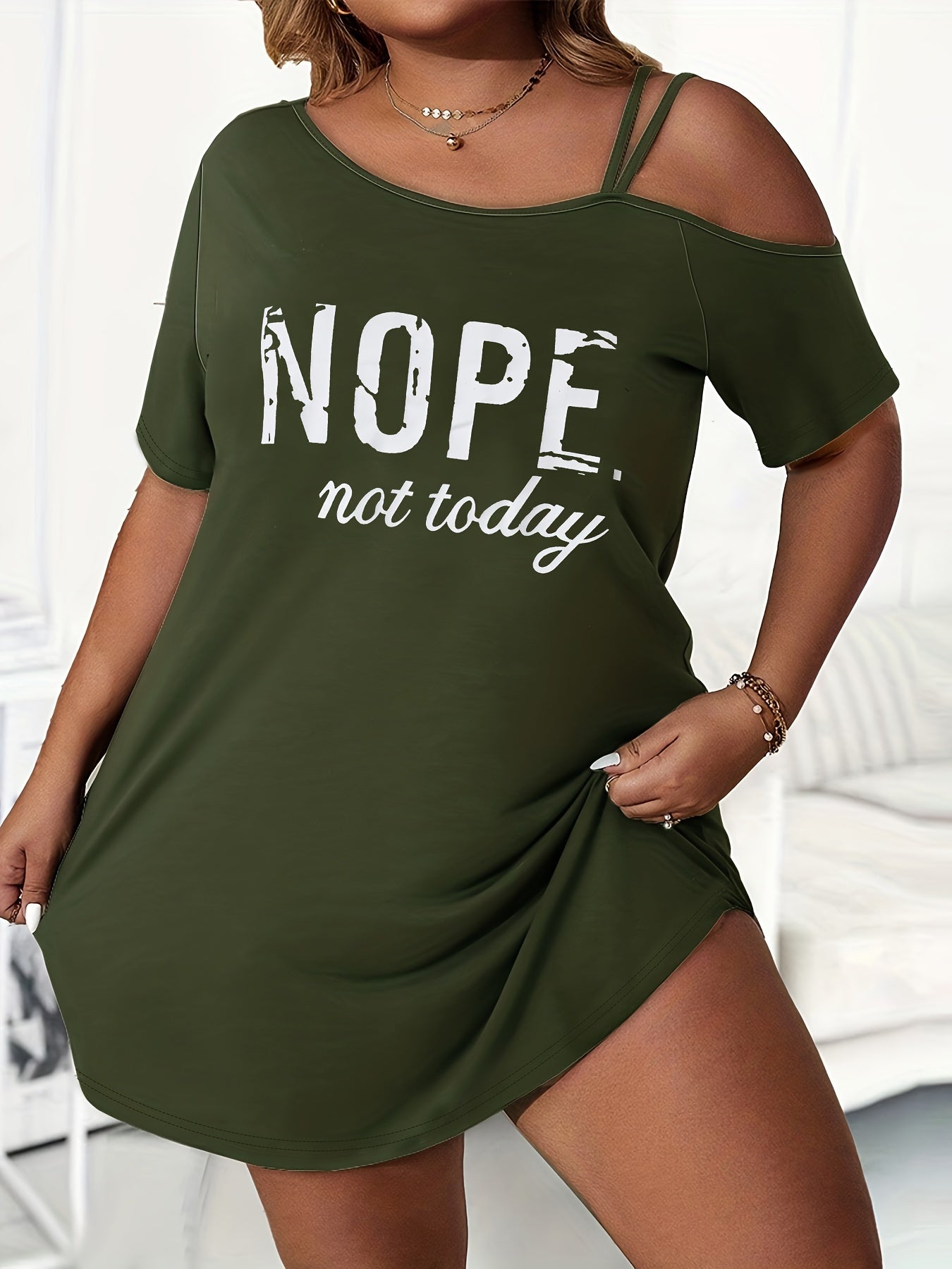  Slogan Print Cold Shoulder Loungewear Dress