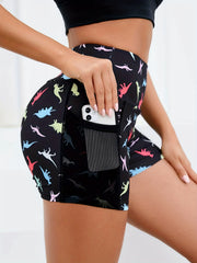  Dinosaur Print High Rise Wide Band Waist Skinny Fitness Shorts