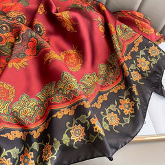 Red Peacock Print Silk Long Scarf Vintage Large Shawl