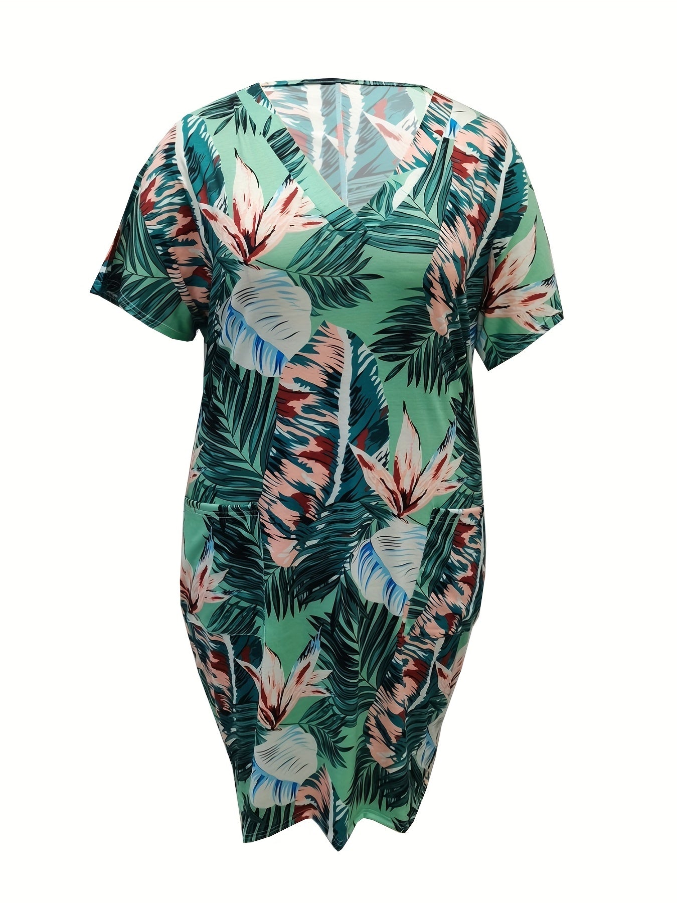Women's Plus Tropical Print V Neck Dress With Pockets