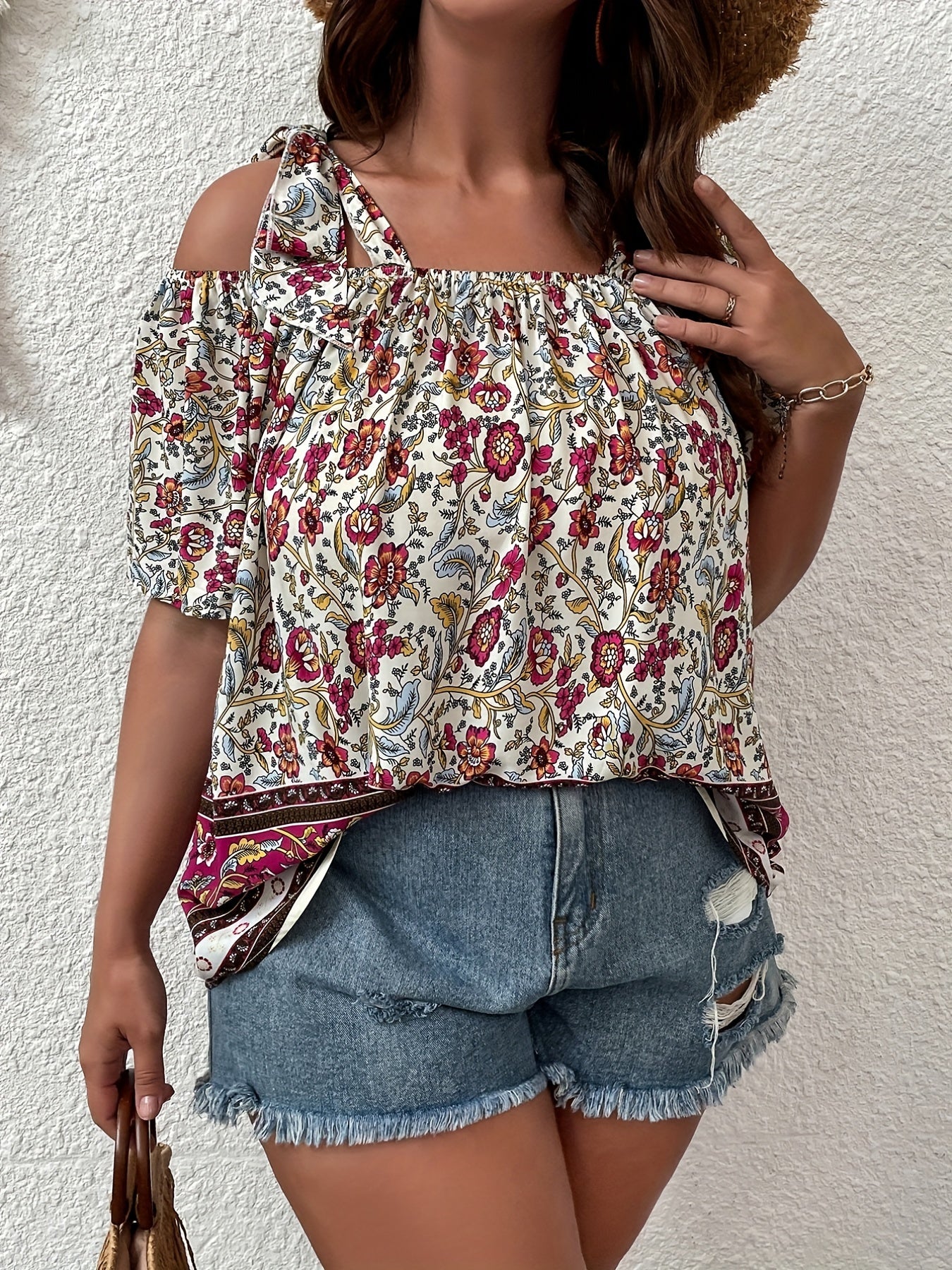  Boho Blouse Women's Plus Colorblock Floral Print