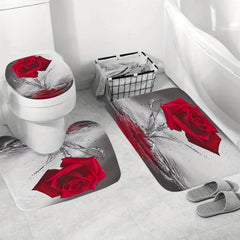 Romantic Floral Red Rose Shower Curtain Set with Non Slip Mat and Hooks