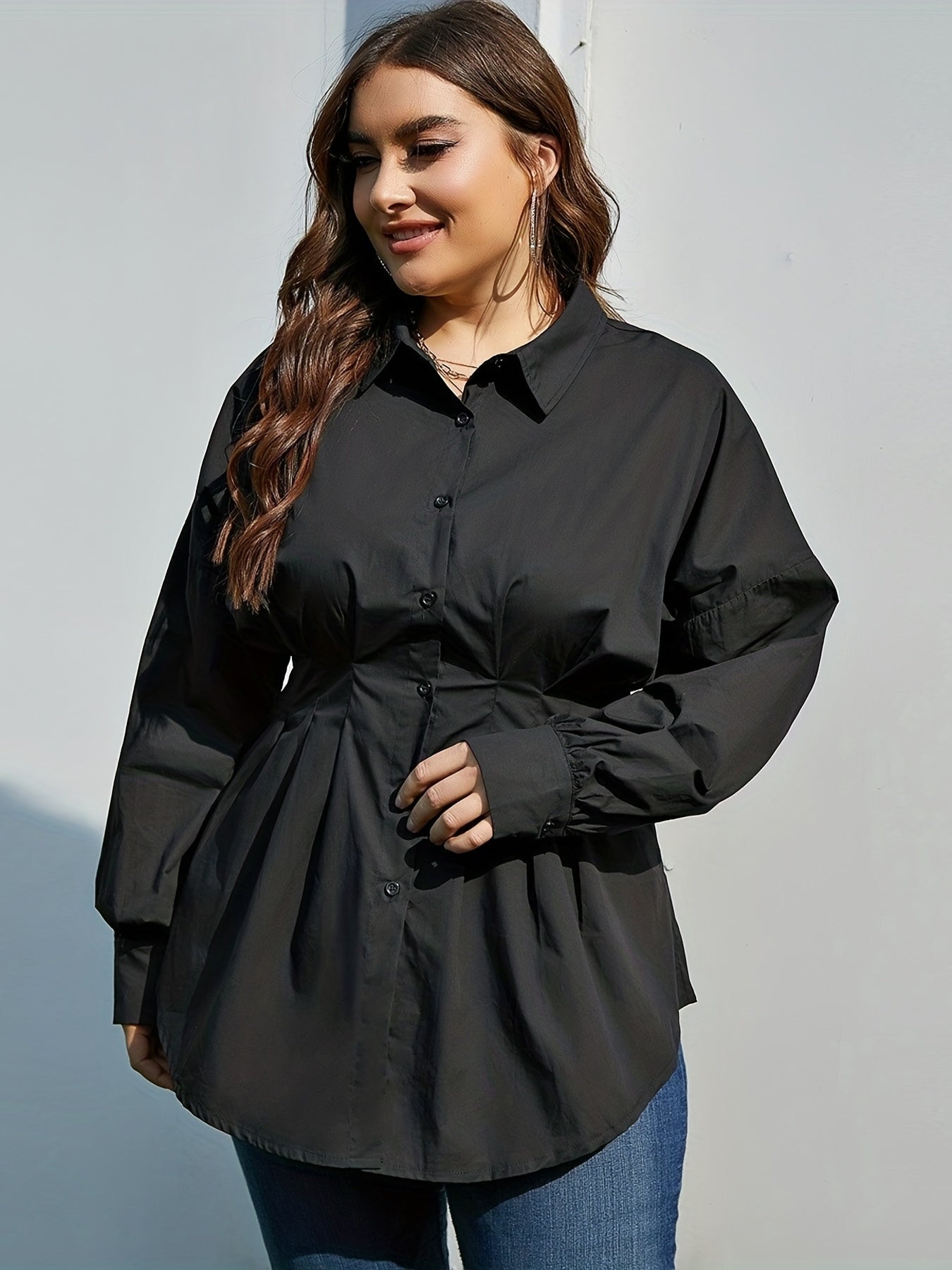  Button Up Tunic Blouse Slim Fit Long Sleeve Casual Shirt