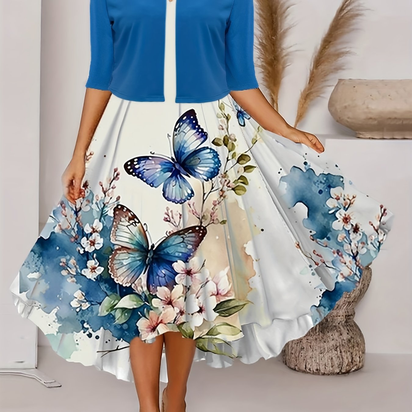 Solid Cardigan & Butterfly Print Dress Set Women's Clothing