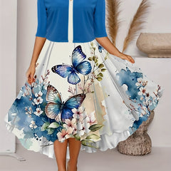 Solid Cardigan & Butterfly Print Dress Set Women's Clothing