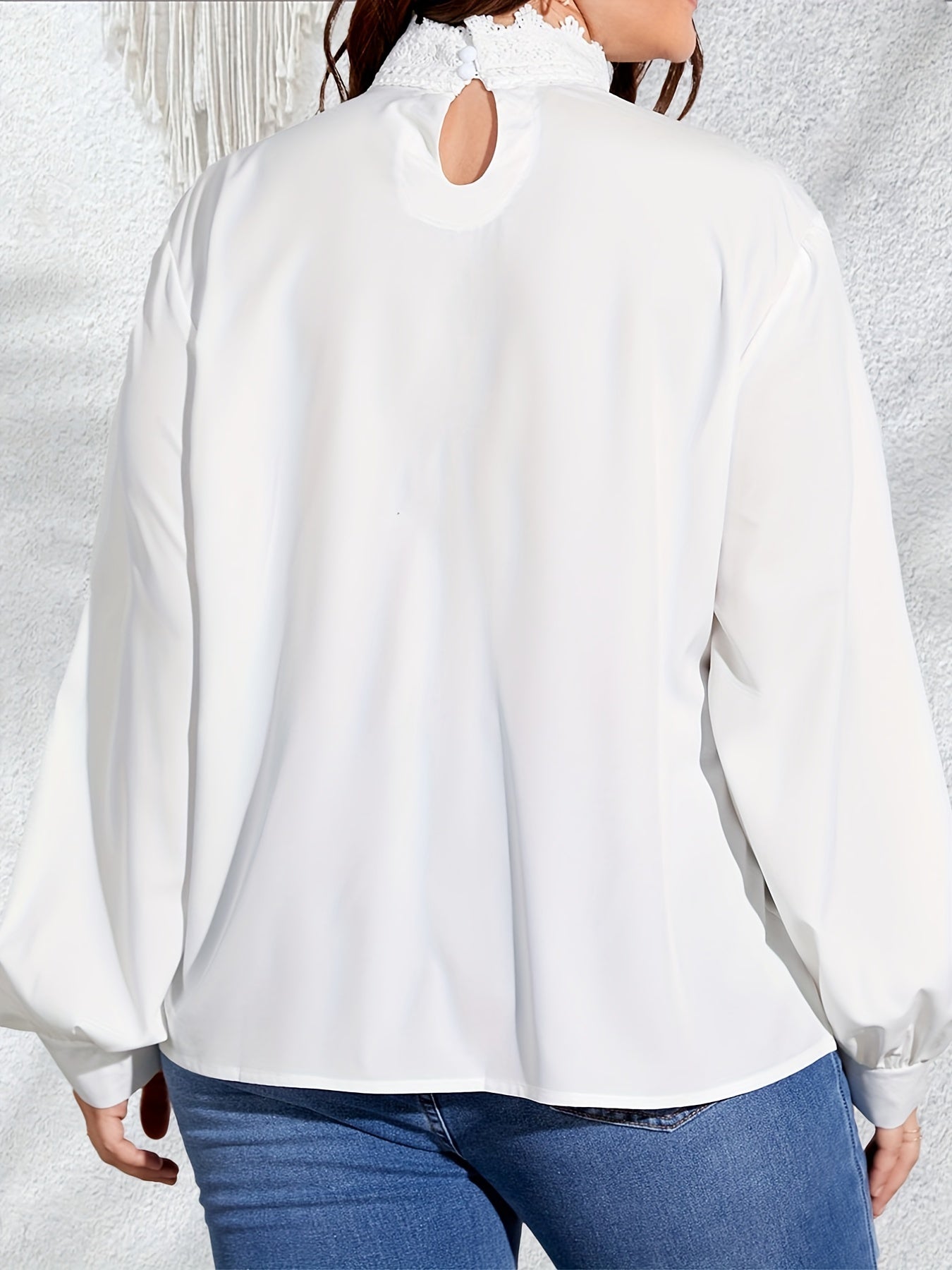  Blouse Women's Plus Solid Contrast Lace Panel Lantern Sleeve