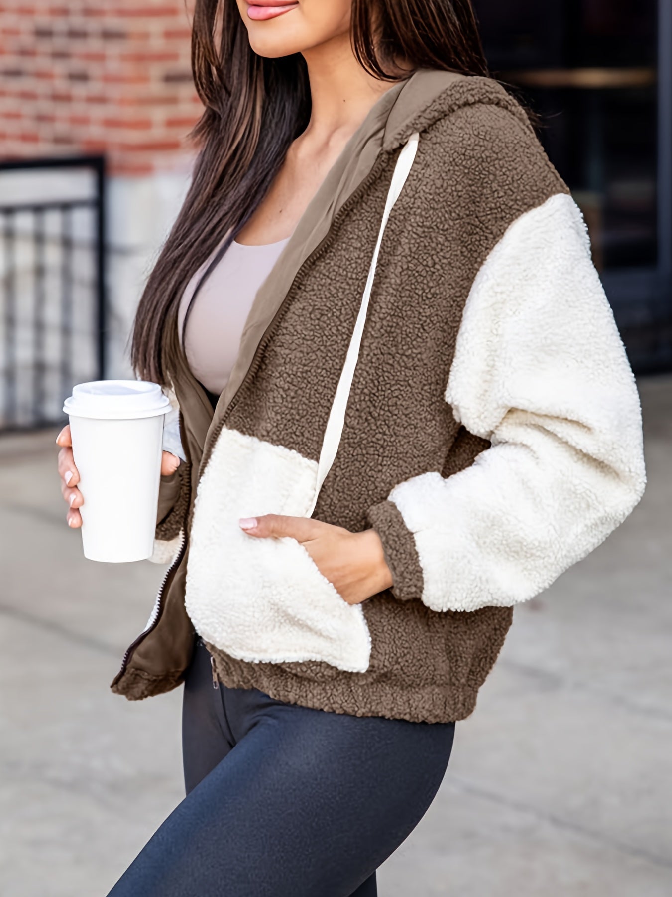 Women's Block Hooded Fleece Jacket With Pockets