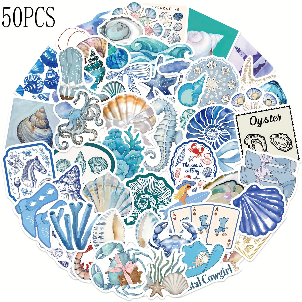 50pcs Coastal Girl Vinyl Stickers - Ocean & Marine Themed Decals