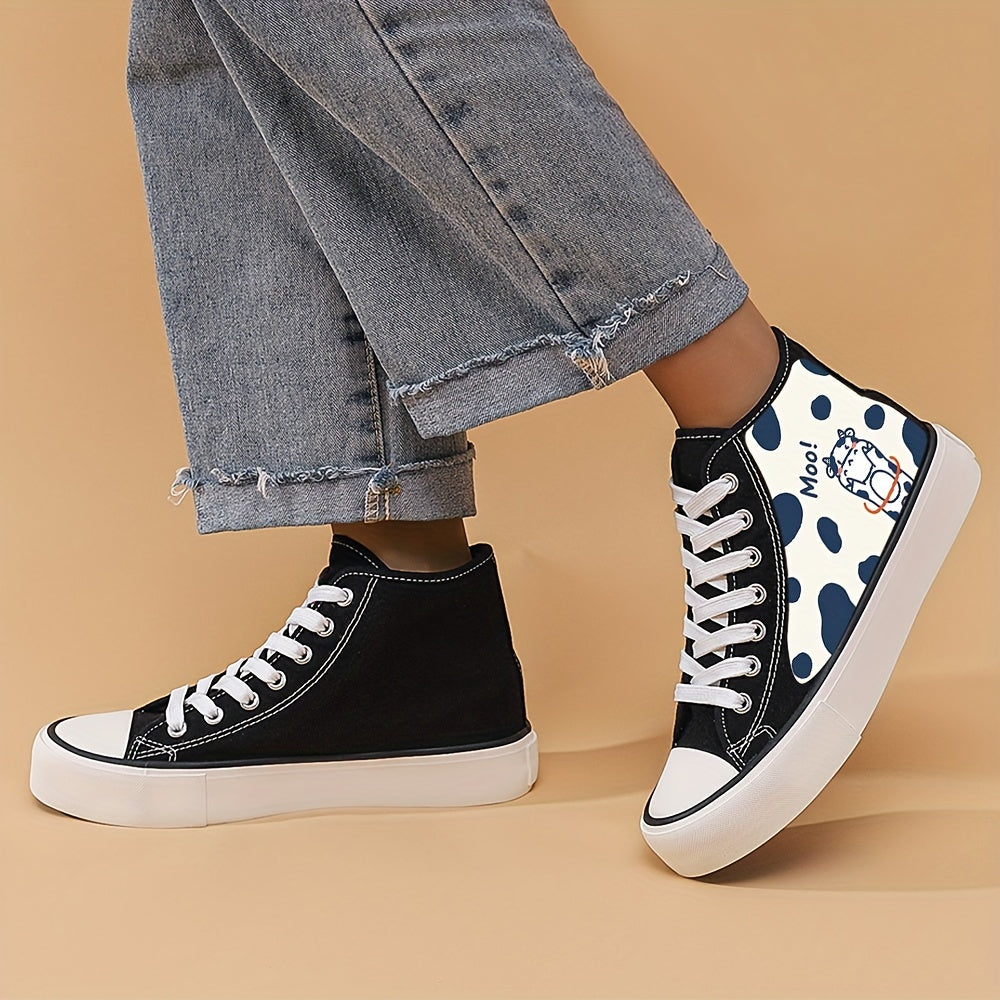 Cow Print Flat Heighten Chunky Canvas Sneakers