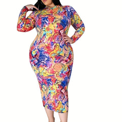 Women's Plus Snakeskin Print Long Sleeve Mock Neck Dress