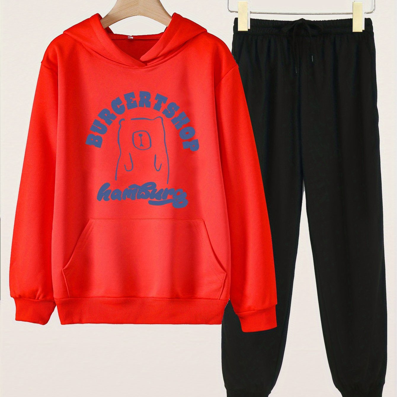 2pcs Bear Print Girls Hoodie Set Casual Long Sleeve Hooded Sweatshirt & Sol