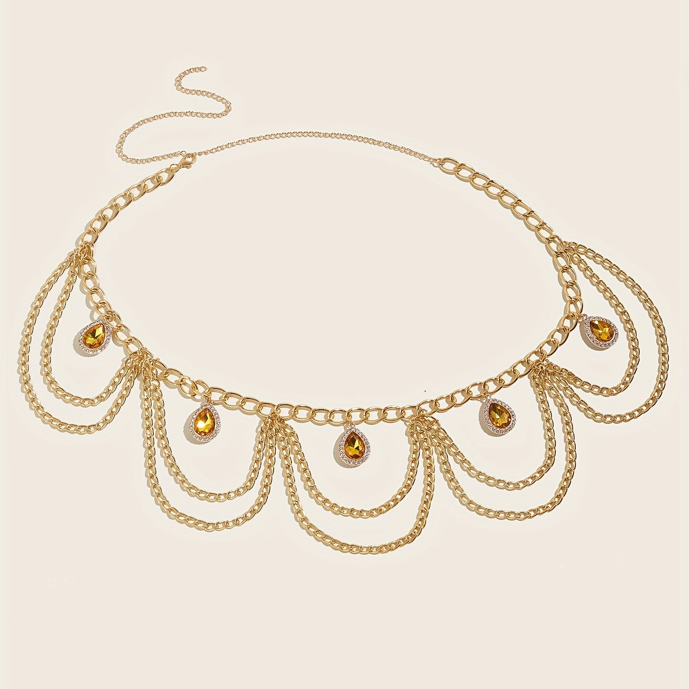 Crystal Pendant Waist Chain Layer Wave Tassel Metal Belly Chain
