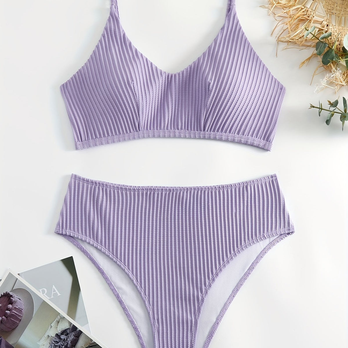  Solid Ribbed V Neck Backless Crop Cami Top & Panty Swimsuit