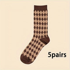 5 Pairs Vintage Pattern Crew Socks for Women