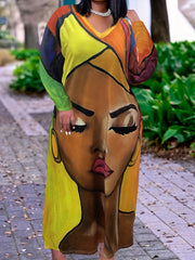  Colorblock Figure Print V Neck Dress With Pockets
