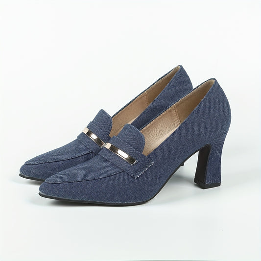 Women's Denim Loafers Pumps Pointed Toe Slip On Chunky Heels
