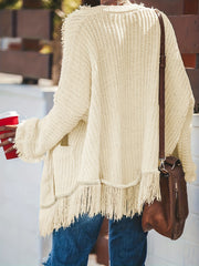  Solid Fringe Trim Cardigan Long Sleeve Open Front