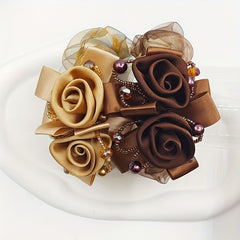 2pcs Large Silk Flower Hair Rope Scrunchies Coffee