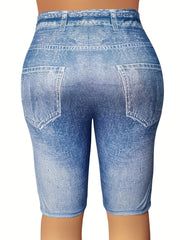  Denim Print High Rise Stretchy Skinny Shorts