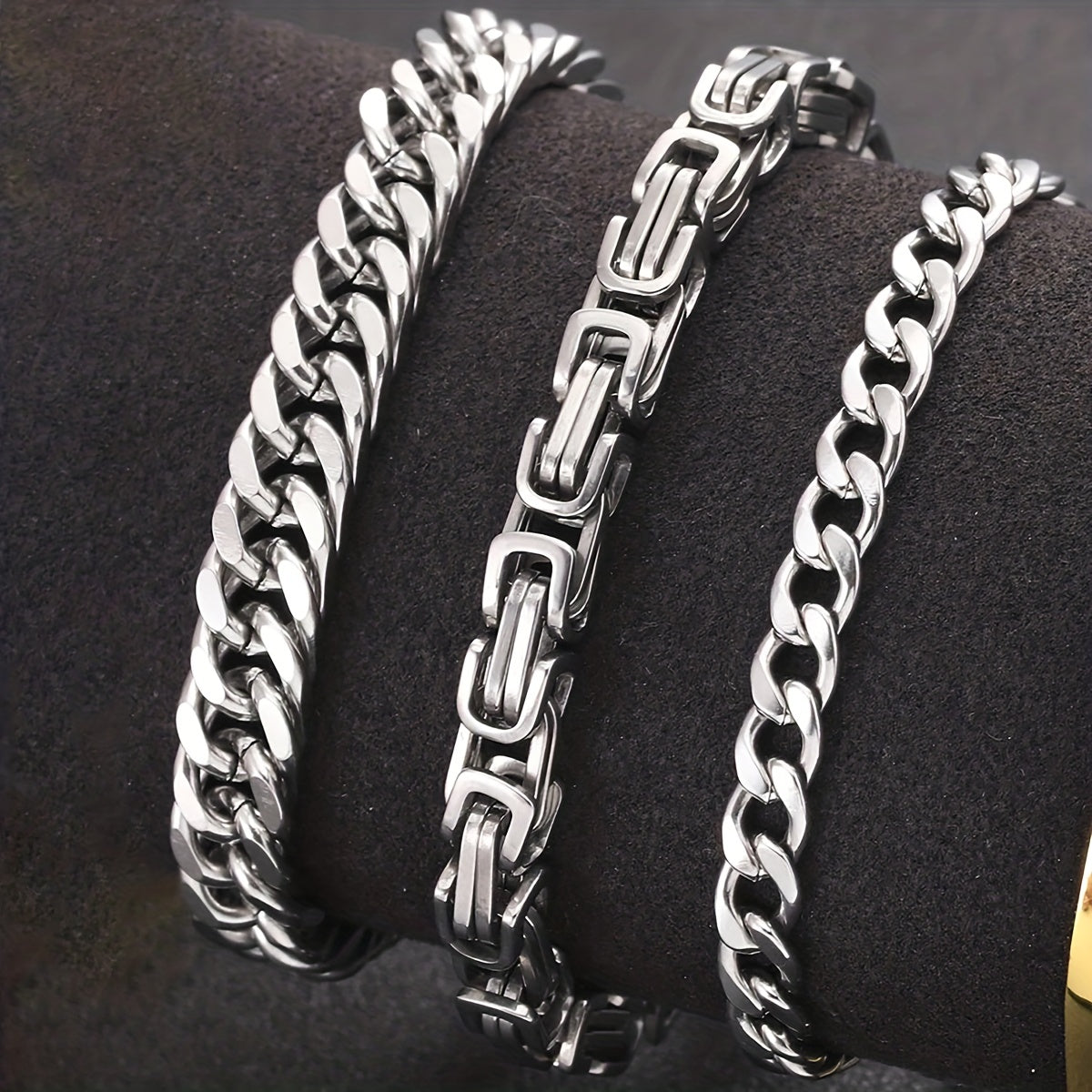 3pcs Silvery Stainless Steel Minimalist Cuban Chain Bracelet Set
