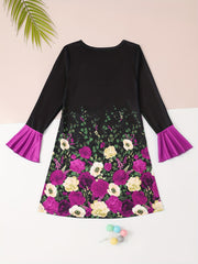Girls Casual Splicing Flower Print Long Sleeve Dress