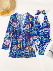 Floral Print Halter One piece Swimsuit & Cover Up Set