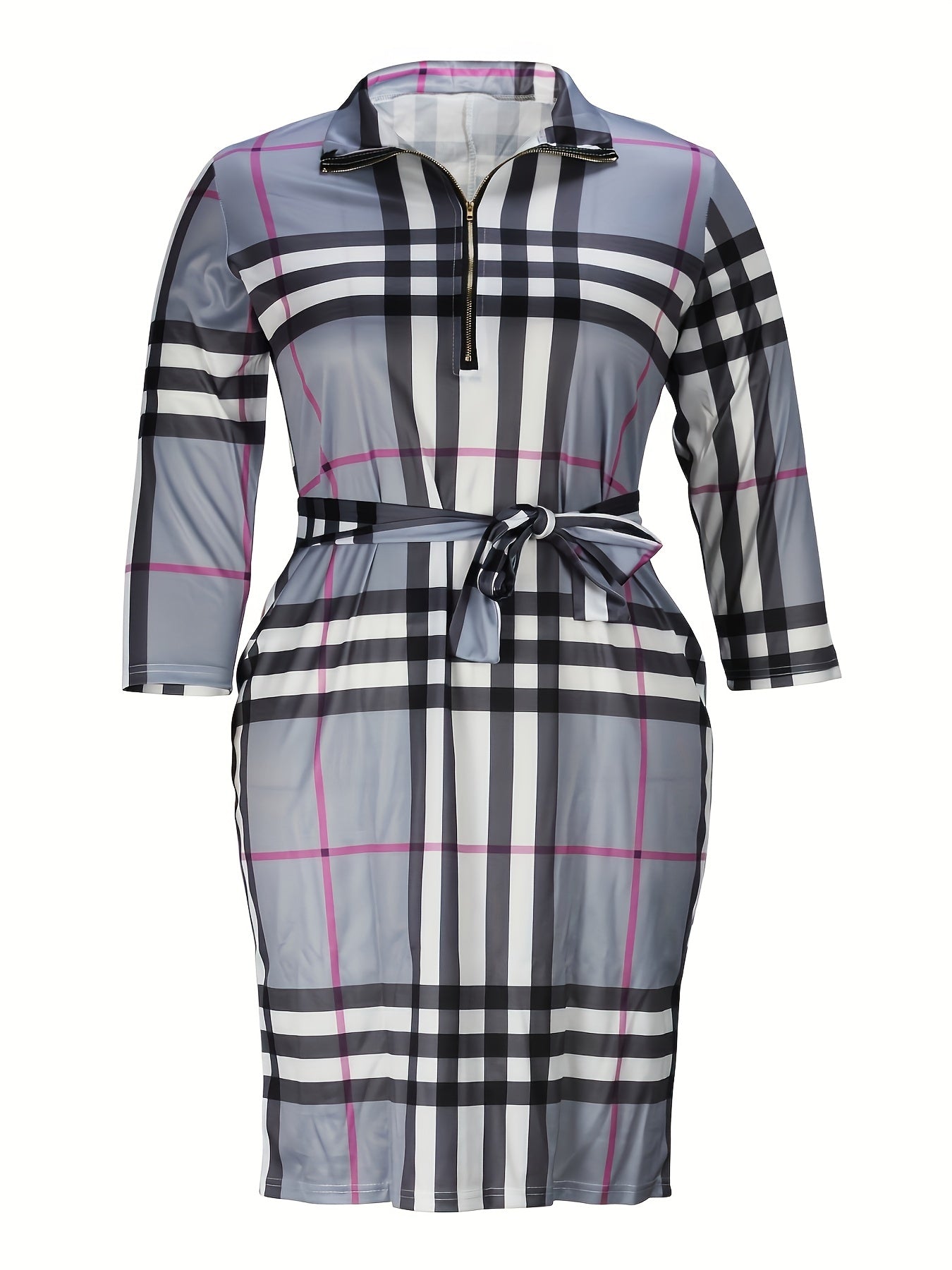  Plaid Long Sleeve Dress With Belt