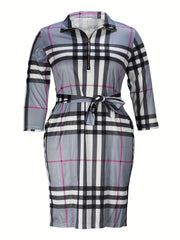  Plaid Long Sleeve Dress With Belt