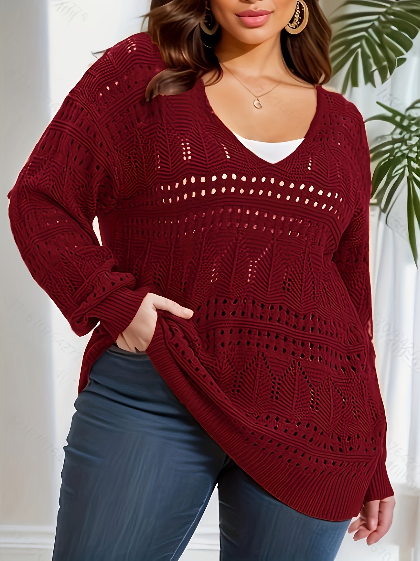  Casual Knit Top V Neck Sheer Pullover Sweater