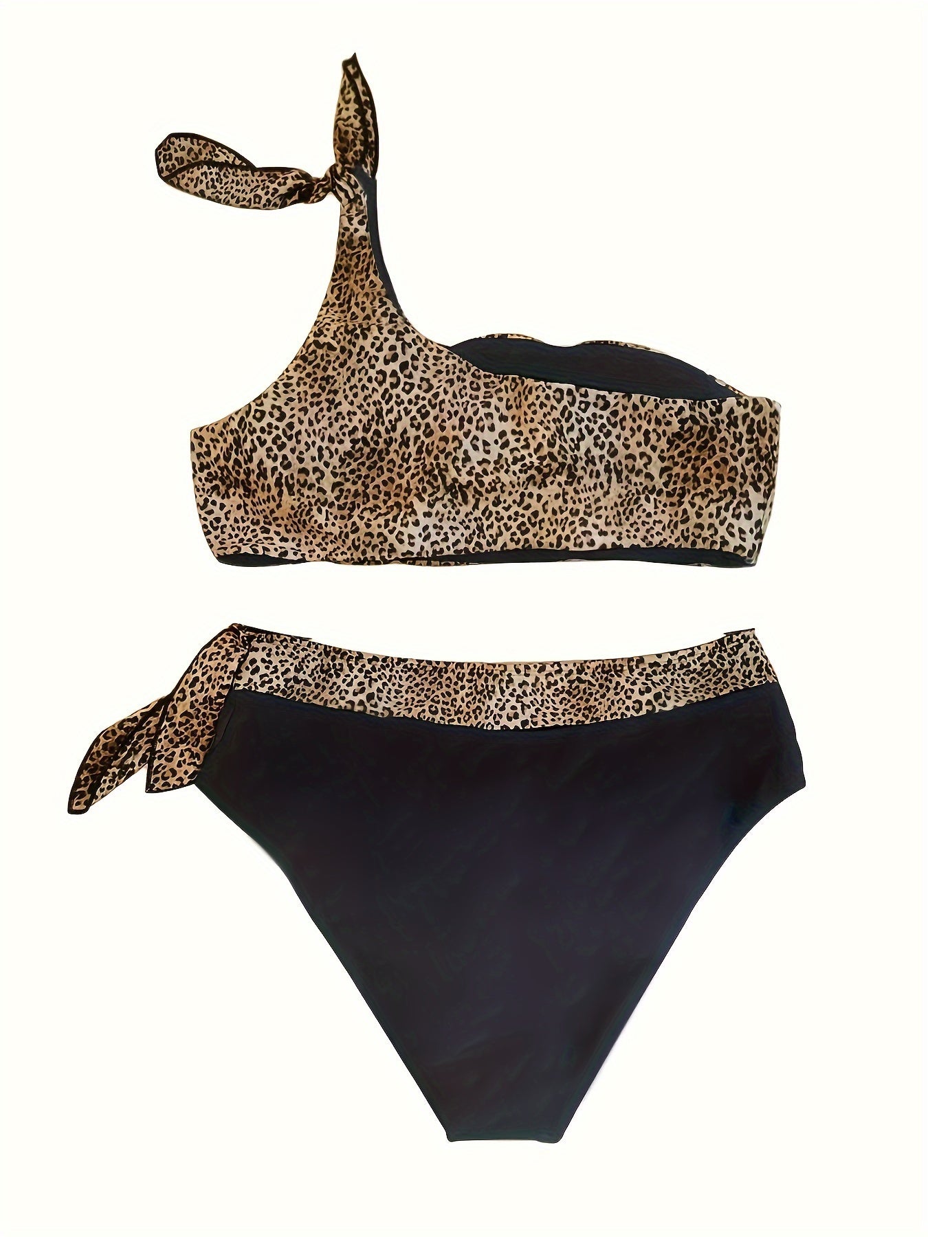 Plus Leopard Print One Shoulder Bikini Set