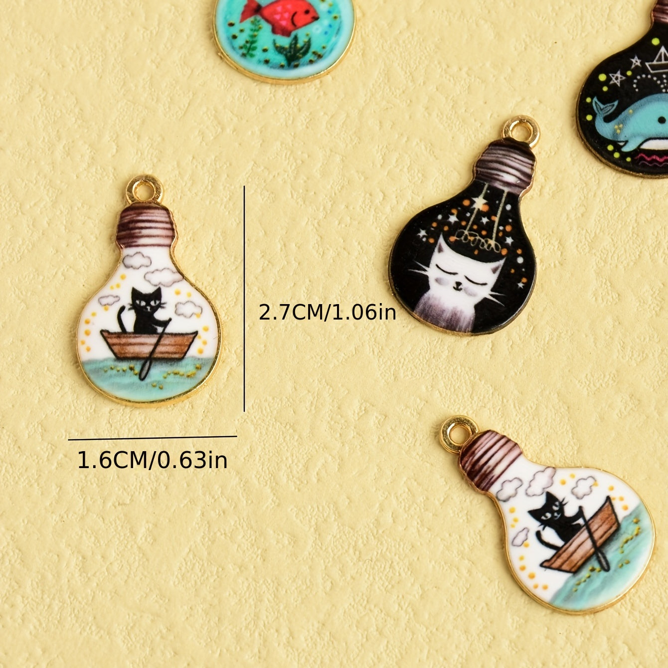 8pcs Goldfish Dolphin Kitten Print Bulb Pendant DIY Jewelry Set