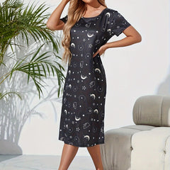 Starry Print Nightdress Casual Crew Neck Short Sleeve Sleep Dress