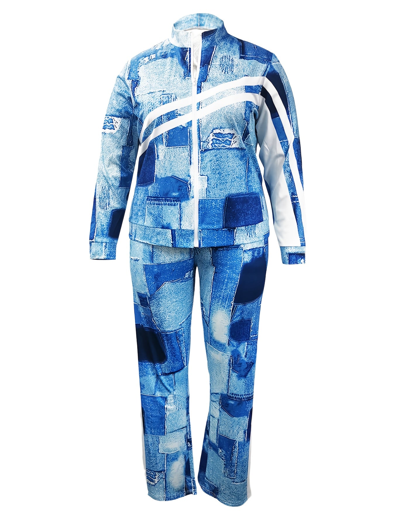 Women's Plus Denim Print Zip Up Top & Pants Set