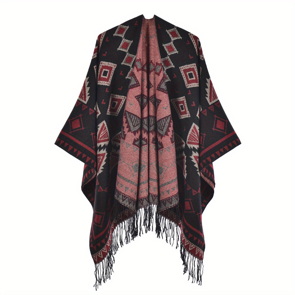 Striped Jacquard Hoodie Shawls Thick Warm Poncho Vintage Cardigan