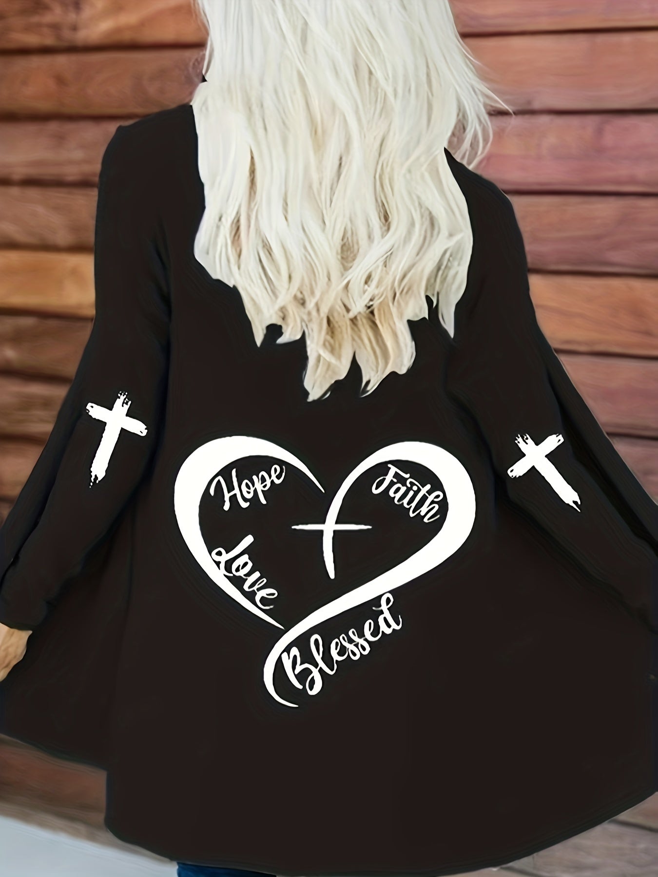  Women's Open Front Cardigan Heart & Letter Print Long Sleeve