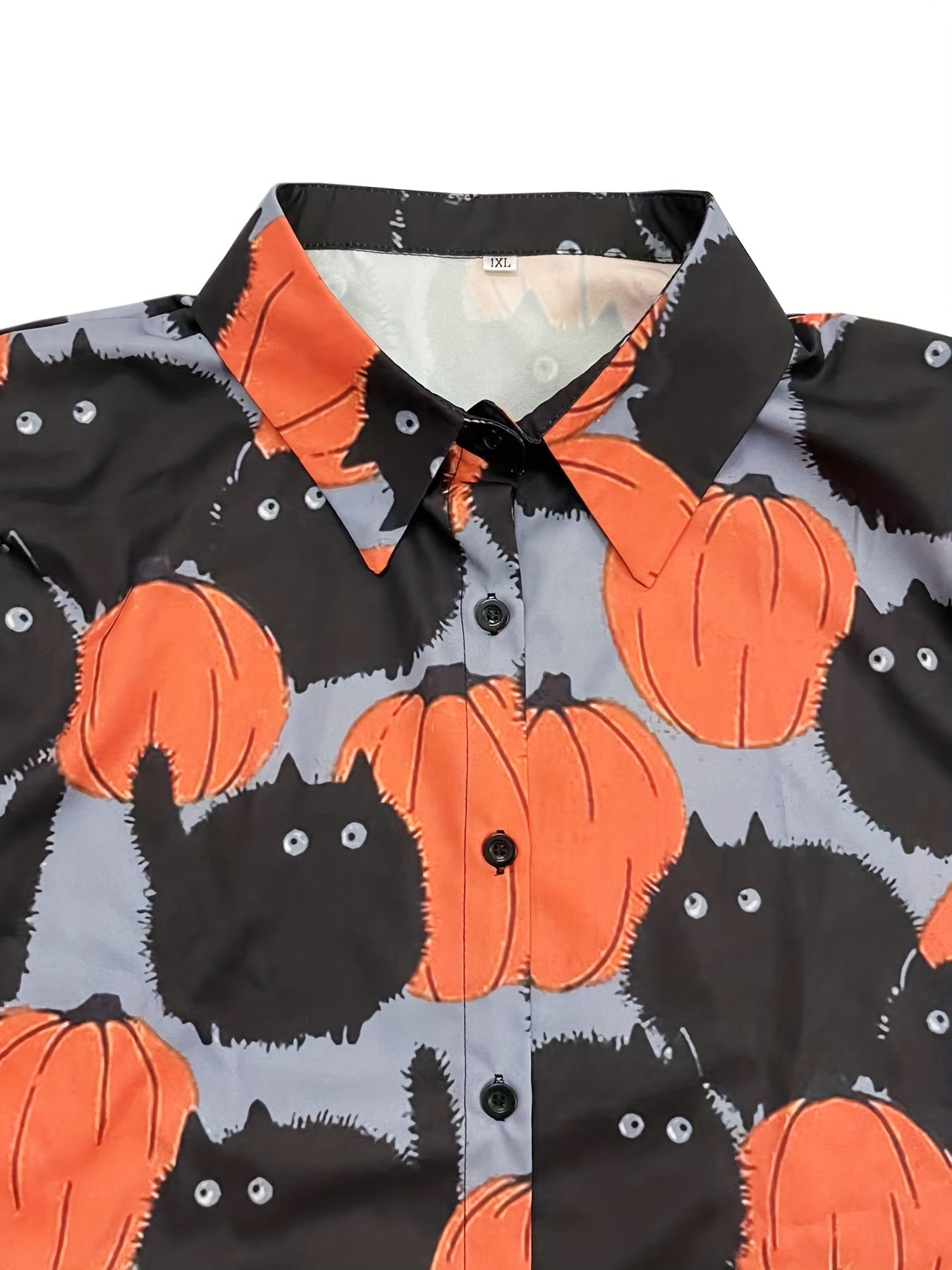  Halloween Blouse Women's Cat & Pumpkin Print Button Up