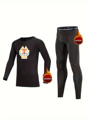 Kids Compression Fleece Sets Cartoon Pattern Long Sleeve Crew Neck Pullover
