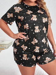  Teddy Bear Print Pajamas Set Short Sleeve Tee & Shorts Lounge Set
