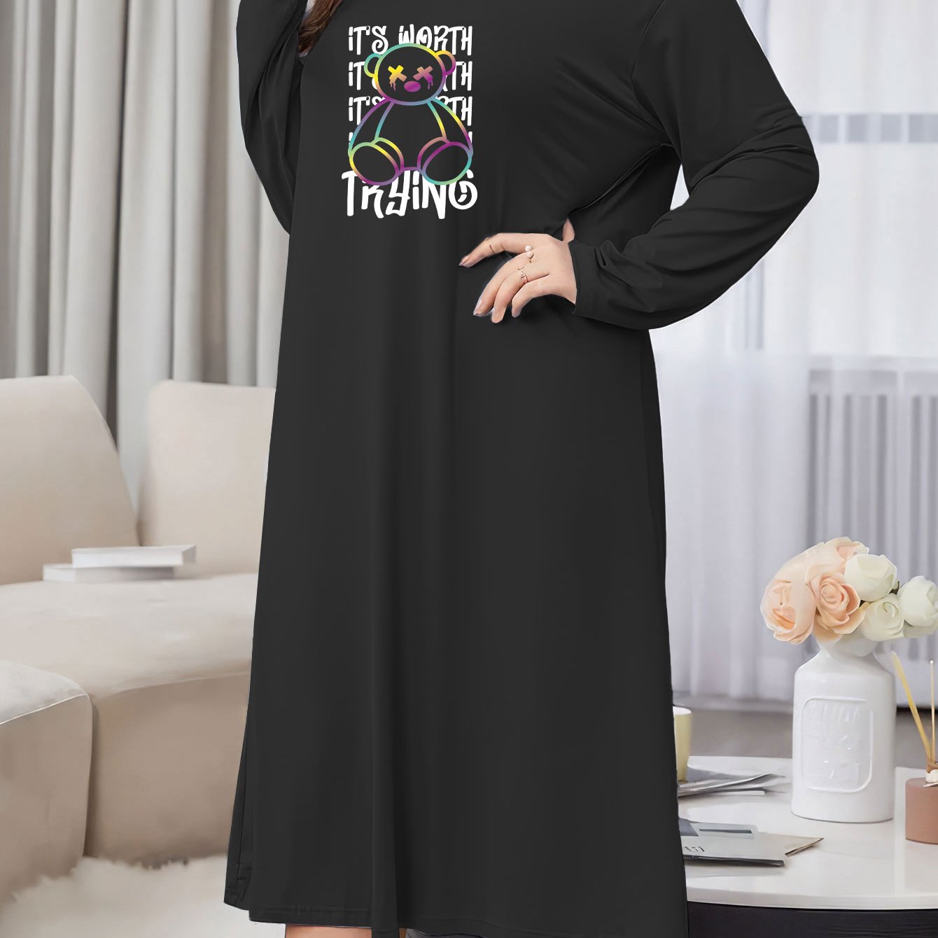  Funny Bear Print Lounge Dress Long Sleeve Nightdress