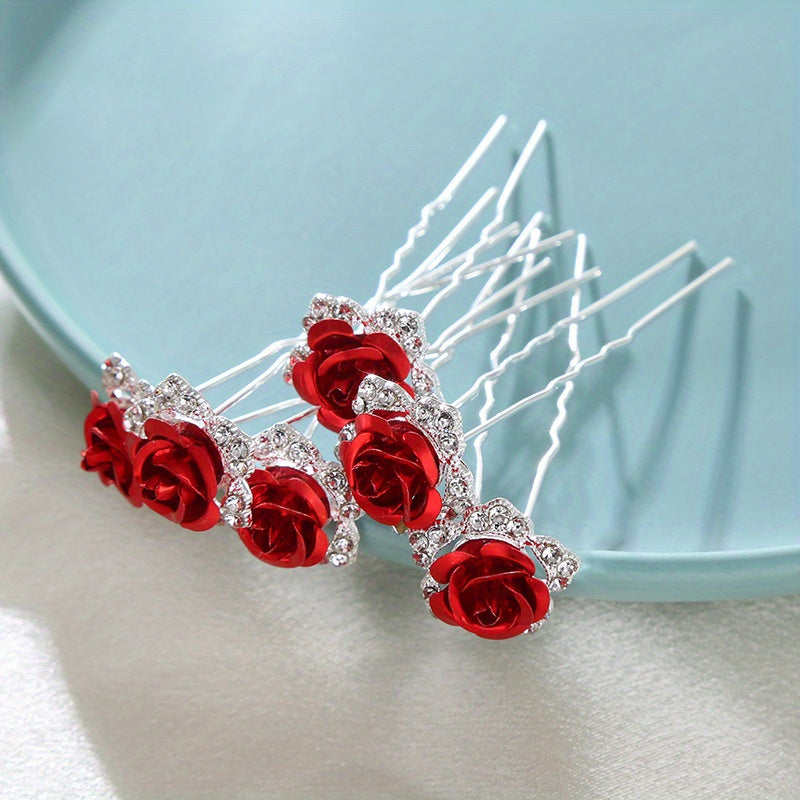 6pcs Rose & Rhinestone Hair Pins Bridal Wedding Headwear
