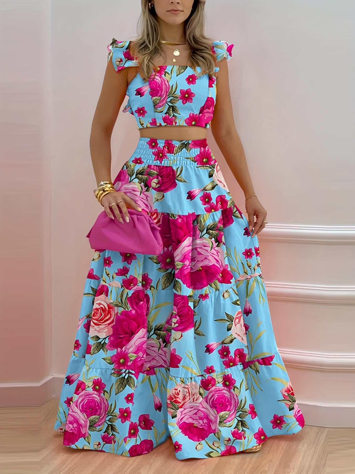 Vintage Floral Print 2pc Set Flutter Sleeve Blouse & Maxi Skirt Outfit