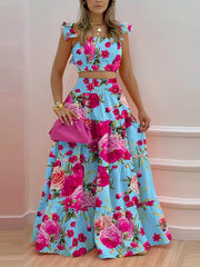 Vintage Floral Print 2pc Set Flutter Sleeve Blouse & Maxi Skirt Outfit