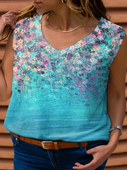  Floral Print V Neck Tank Top Medium Stretch