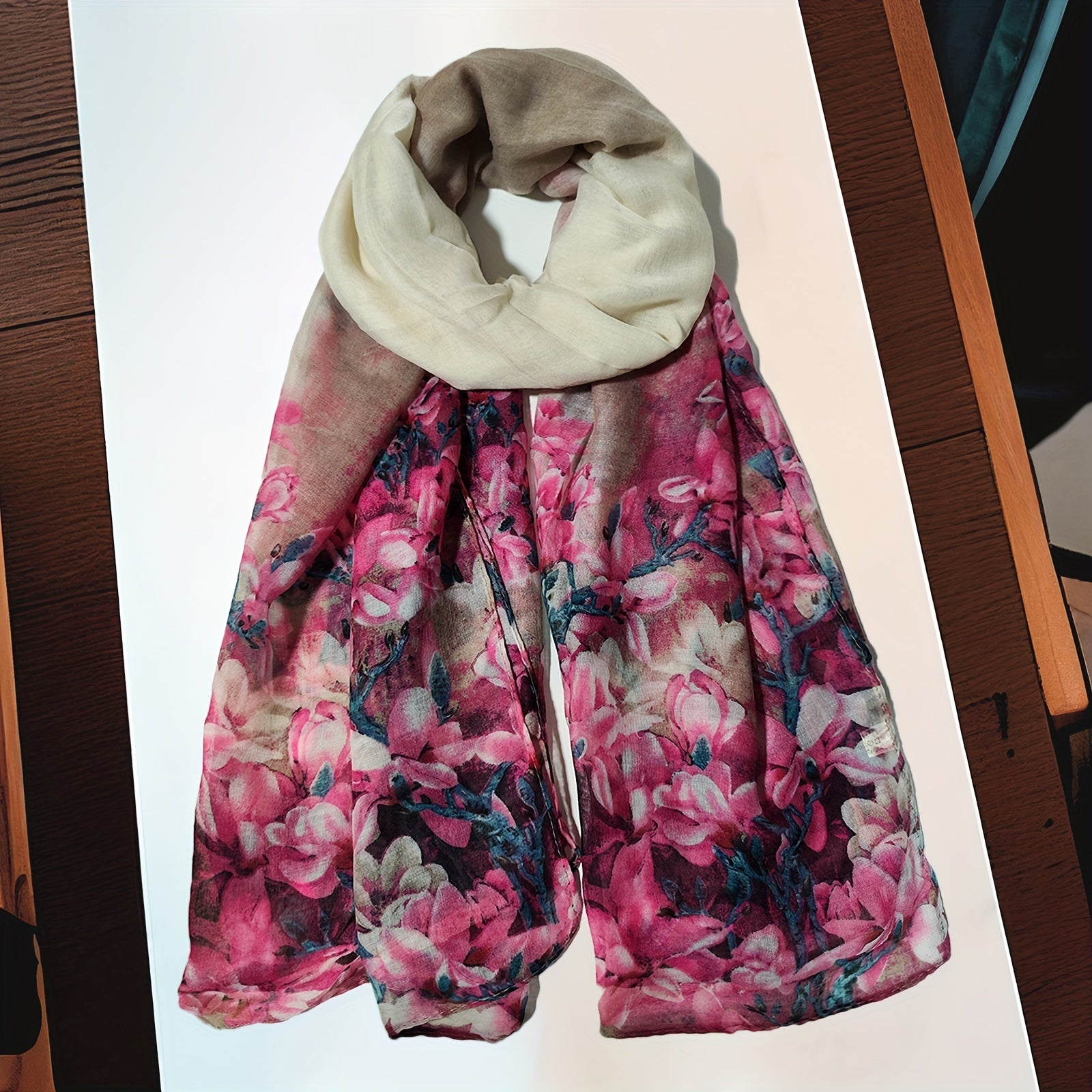 Vintage Flower Print Scarf Pink Gradient Warm Shawl Women