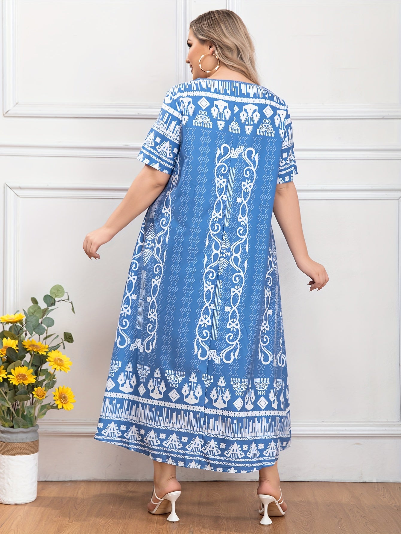  Boho Abaya Dress Women's Plus Geo Print Maxi Jalabiya Dress