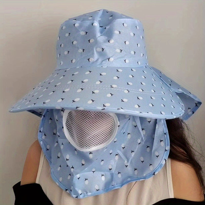 Floral Print Wide Brim Sun Hat with Neck Flap