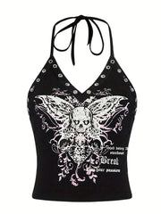 Skull Butterfly Halter Top Y2K V Neck Tie Back Summer Sleeveless