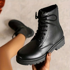Women's Chunky Heel Combat Boots Solid Lace Up Short Boots