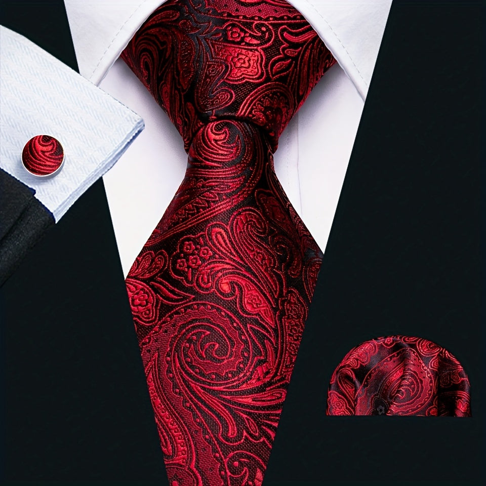 Burgundy Red Paisley Plaids Necktie Set
