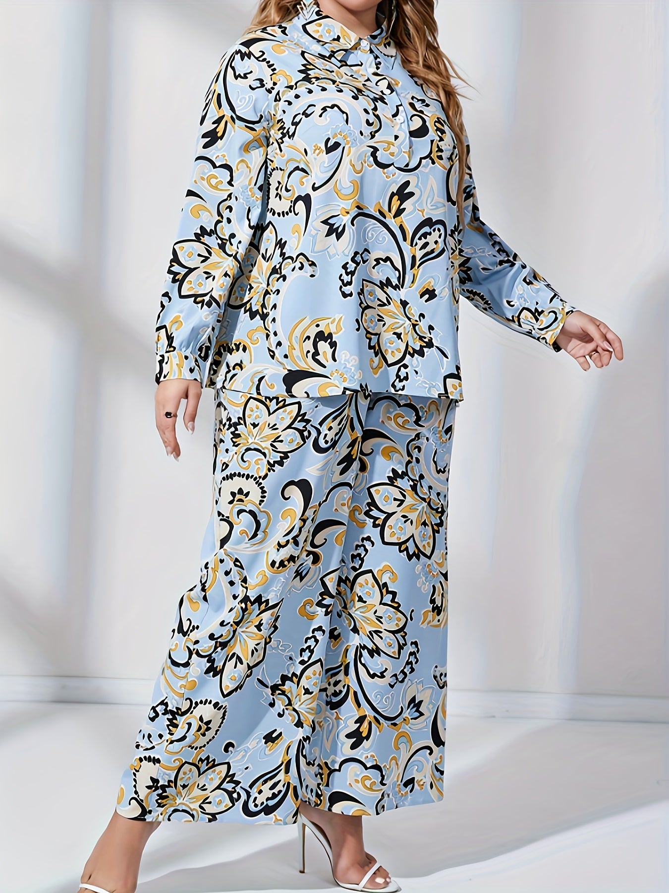  Floral Print Lantern Sleeve Blouse & Wide Leg Pants Set
